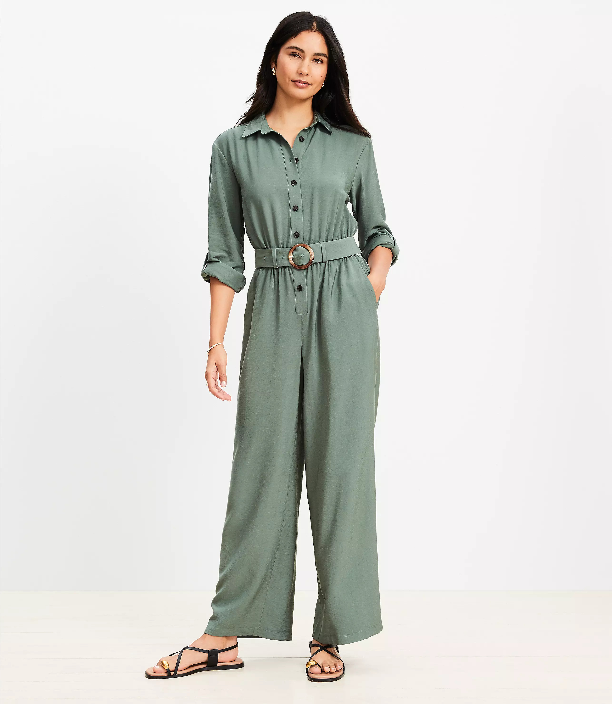 Button Tab Belted Jumpsuit | LOFT
