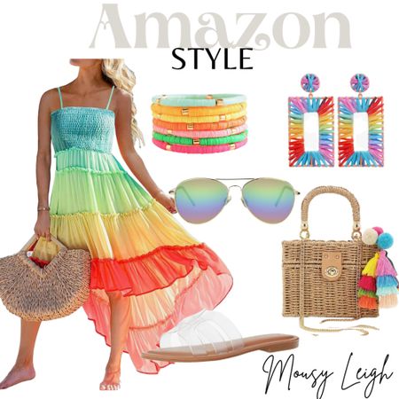 If these colors don’t make you happy I don’t know what will. 

Rainbow, colorful, dress, beach outfit, sunglasses, bracelet, straw purse, earrings, summer 

#LTKunder50 #LTKunder100 #LTKstyletip