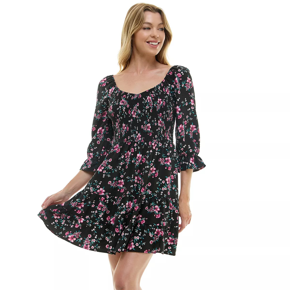 Juniors' Lily Rose Floral Puff Sleeve Smocked Skater Dress | Kohl's