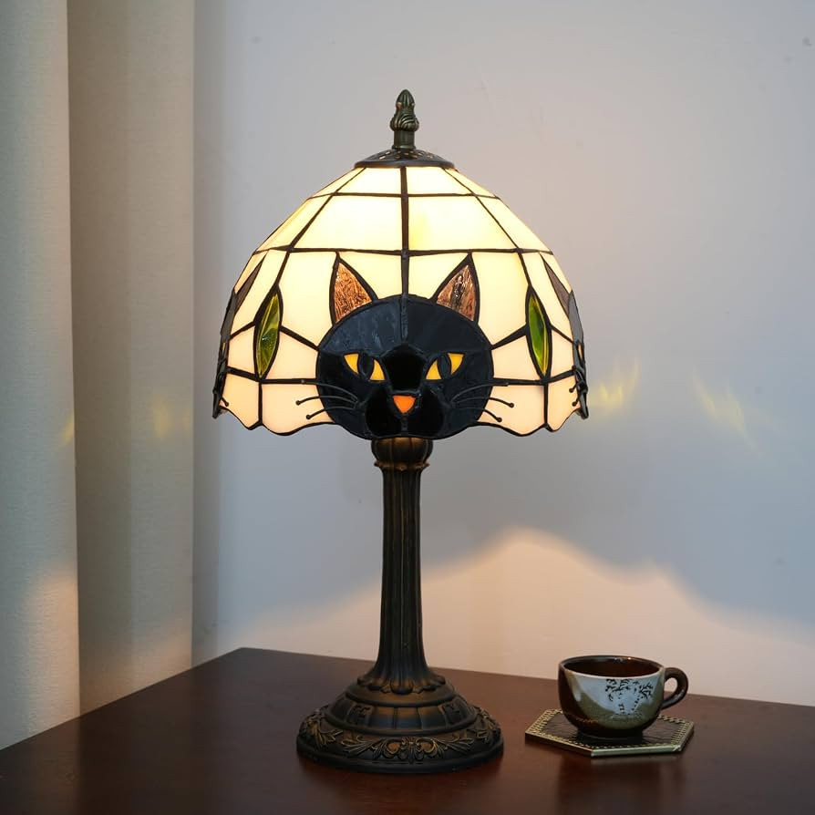 Tiffany Style Black Cat Stained Glass Table Lamp Cute Small Quirky Table Lamp Bedroom Bedside lam... | Amazon (US)