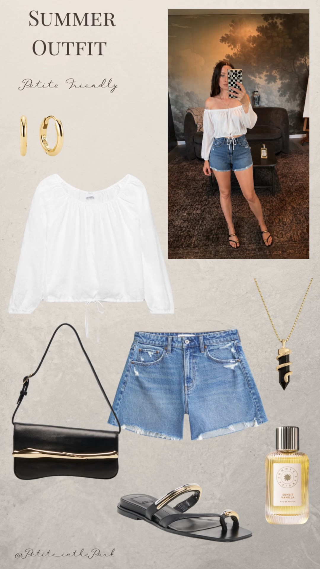 Summer petite outfit  

Summer outfit, summer trends, casual summer outfit, petite summer outfit, summer fashion, summer style, petite style, petite summer style, casual petite outfit, minimal outfit, minimal summer outfit, white top, off the shoulder top, summer top, shorts, denim shorts, dad shorts, sandals , leather sandals, black sandals, shoulder bag, leather bag, black bag, black purse, gold earrings, gold hoop earrings, gold necklace, minimal jewelry  #casualoutfit #petiteoutifts #summeroutfits #summeroutfit2026 #summertrends

#LTKPetite #LTKSeasonal #LTKSaleAlert