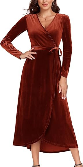 CYCLAMEN 2023 Velvet Wrap Dress V Neck Ruffle Sleeves Long Maxi Elegant Party Wedding Guest Cockt... | Amazon (US)