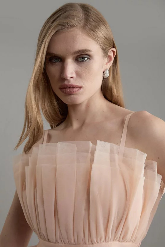 Tulle Bandeau Tiered Midi Dress | Karen Millen | Karen Millen UK + IE + DE + NL