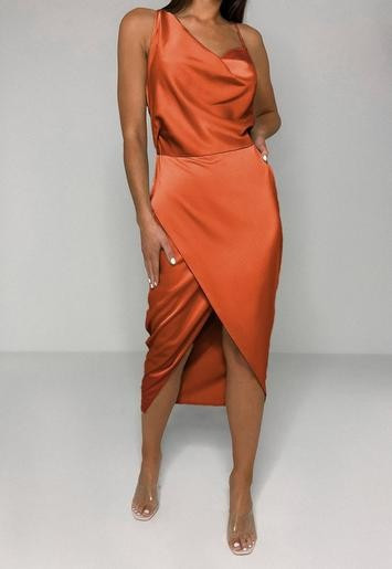 Missguided - Rust Satin Drape Asymmetric Strap Midi Dress | Missguided (US & CA)
