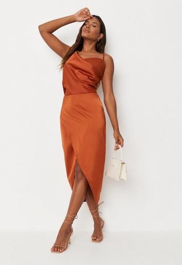 Rust Satin Drape Midi Dress | Missguided (UK & IE)