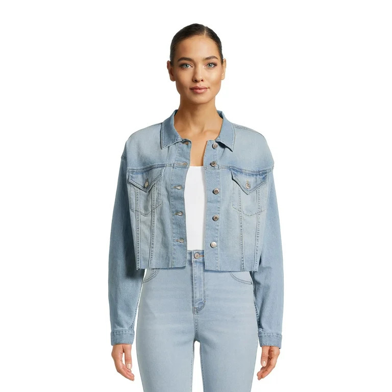 No Boundaries Juniors' Cropped Denim Jacket with Raw Edge Hem, Sizes XS-XXXL - Walmart.com | Walmart (US)