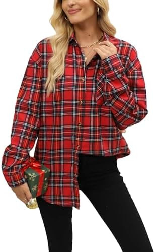 Oversized Womens Flannel Plaid Soft Flannel Button Down Shirt Roll Up Long Sleeve Flannel Plaid S... | Amazon (US)