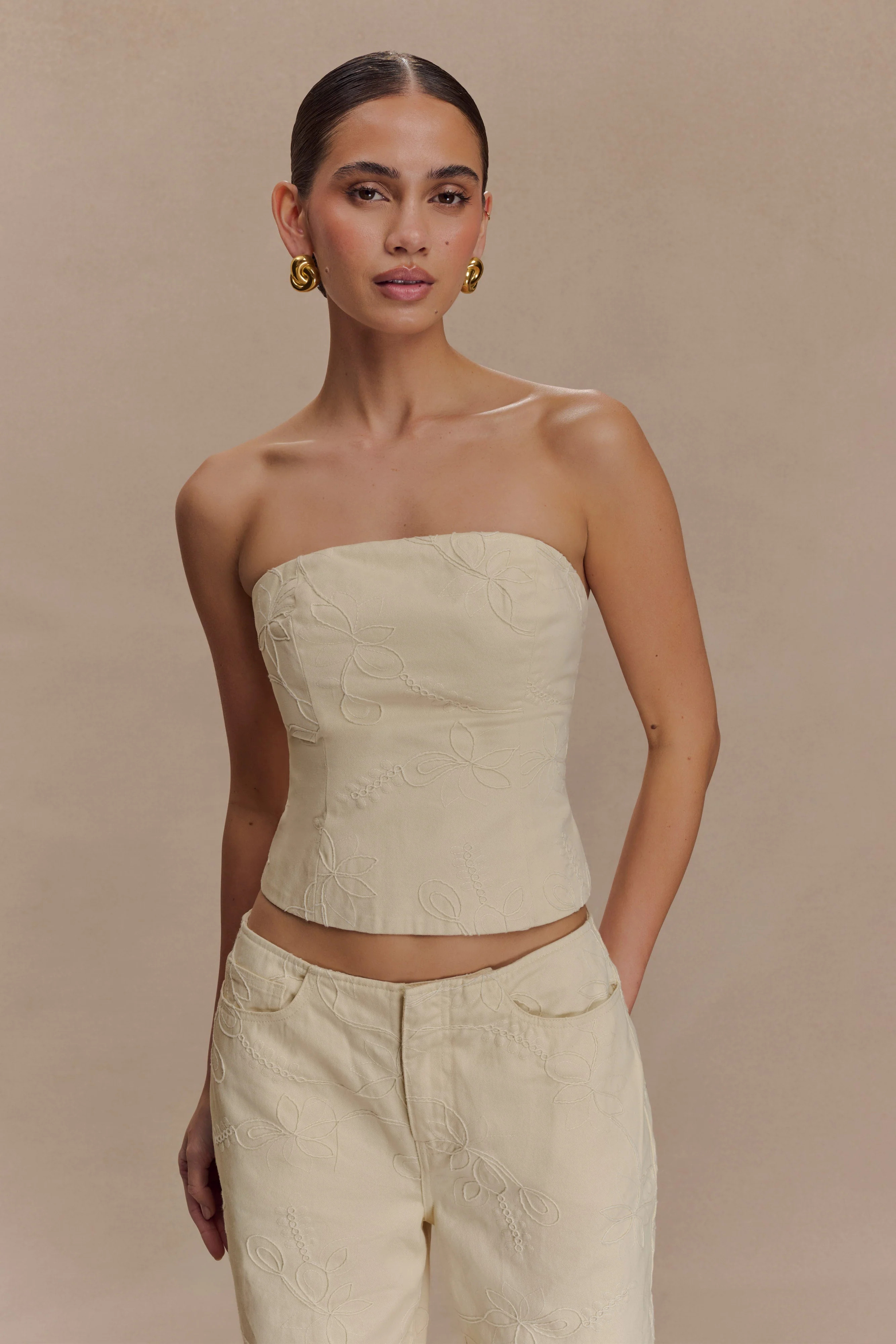 Ebony Embroidered Denim Corset - Cream | MESHKI US