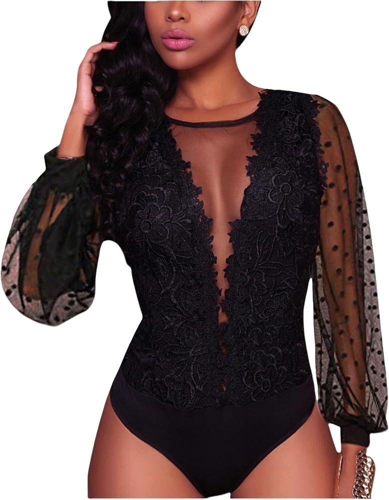 RARITYUS Women Sexy Lace Bodysuit Jumpsuit See Through Mesh Sleeveless/Long Sleeve Tops Swimsuit ... | Amazon (US)