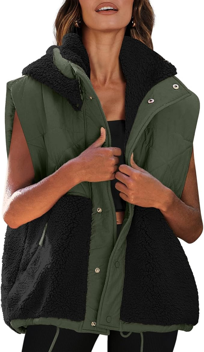 Nirovien Womens Oversized Quilted Vest Color Block Fleece Vest Button Down Padded Outwear Removea... | Amazon (US)