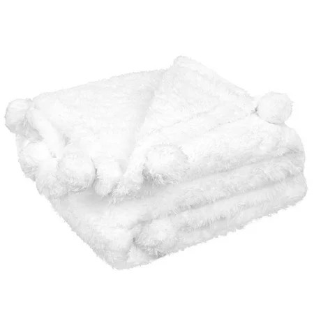 PAVILIA White Sherpa Throw Blanket for Couch Pom Pom | Fluffy Plush Soft Blanket for Sofa Bed | Shag | Walmart (US)
