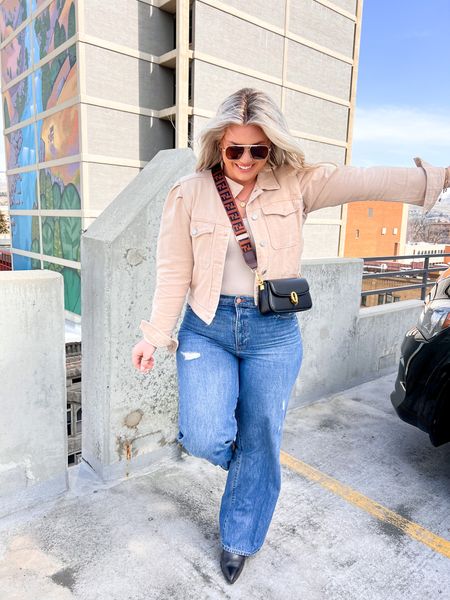 Love wide leg denim! Currently on sale for $45. I did my true size. They are snug, but in a good way! Found my denim jacket on sale too. I’m in a large, it runs big. Bodysuit runs tts. 

#LTKSeasonal #LTKunder100 #LTKcurves