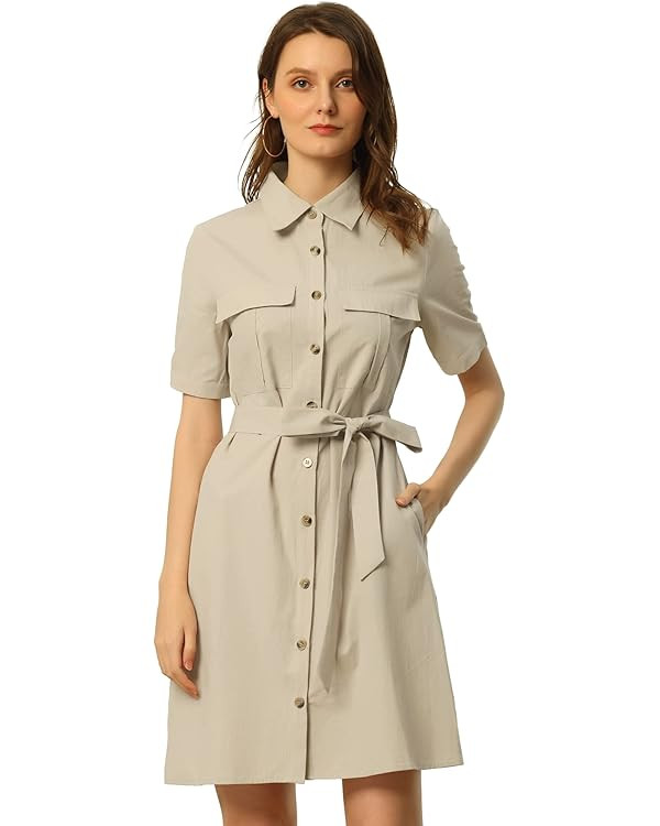 Allegra K Women's Safari Dress Collared Short Sleeve Cotton Belted Button Down Shirt Dresses | Amazon (US)