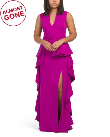 V-neck Ruffle Gown With Belt | TJ Maxx