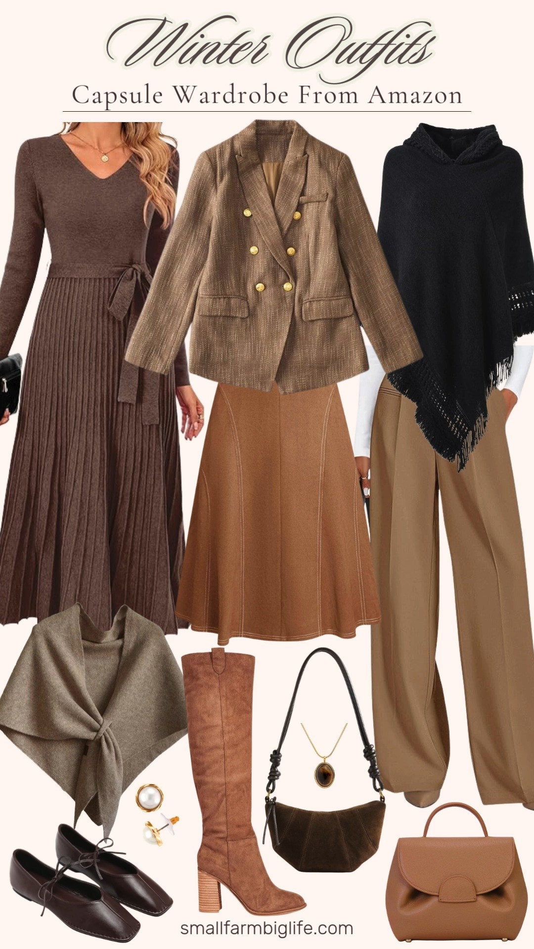 Winter capsule in rich browns 🤎 From a long brown sweater dress, a tan tweed blazer, cozy knit shawls, brown pants + skirts, and all the neutral accessories like brown knee high boots, ballet flats, pearl earrings, and a gemstone necklace. Effortless, warm, and ready for every cold weather day. 

 #LTKOver40 #LTKFindsUnder50 #LTKWorkwear