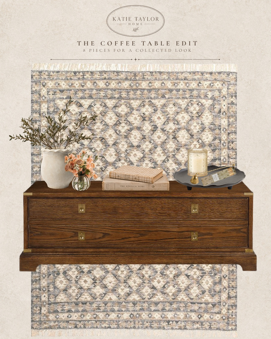 Coffee table decor is all about the mix—something with height, a little pattern, vintage-inspired pieces, warm texture and enough empty space to let everything breathe.

I pulled together this coffee table styling edit with a dark wood table, vintage-inspired books, a patterned rug, pottery, florals, aged brass and a few smaller details for a warm, collected living room look.

Swipe to see how I’d style everything together in a room. 

Everything is linked below!

#LTKHome