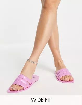 ASOS DESIGN Wide Fit Fame woven jelly flat mules in pink | ASOS (Global)