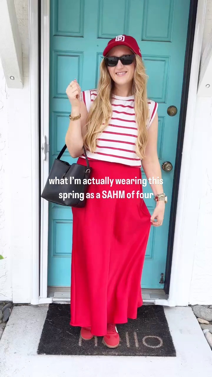 Easy elevated casual spring outfit idea with a satin skirt, striped tee, baseball cap & sneakers ❤️

Wearing M in tee and skirt at 145 lbs and 5'7" for reference. Shoes fit TTS!

mom style, easy mom outfits, elevated casual outfit, satin skirt, satin skirt outfit, baseball cap outfit, sneakers outfit, red outfit style, spring outfits, spring ootd, what I’m wearing, how to wear, ways to style, basic tee outfit, how to style a basic tee shirt, how to style a satin skirt, how to elevate a casual outfit, bucket bag, striped tee shirt 

 #LTKFindsUnder50 #LTKFindsUnder100 #LTKStyleTip