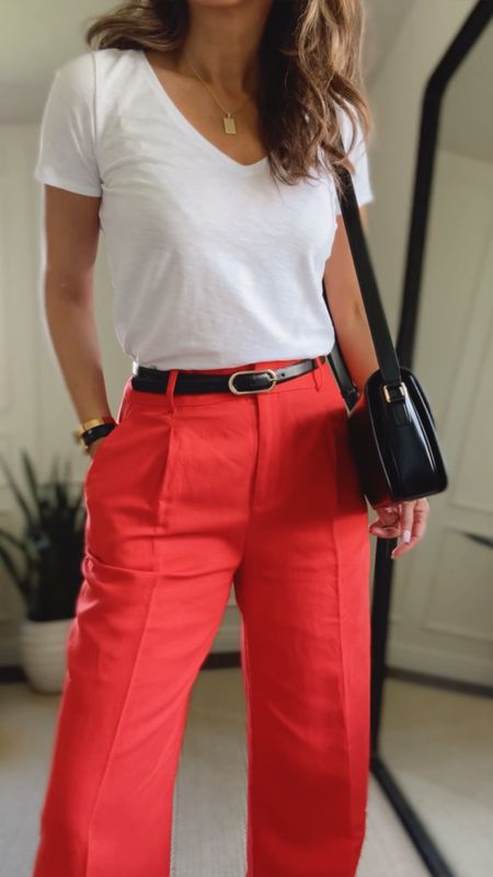Love, love these wide leg linen blend pants! The high waist on this style is so flattering. I’m wearing size 4 and got regular length (I am 5’6 and length is perfect for me).  Little Roomy in waist but size 2 wouldn’t be as flattering with pleats (size 4 is my usual size in LOFT pants l).  
I’m also linking a almost identical pair from J Crew which I tried in store but needed size 4 (ordering them in Utility green). 

White v neck tee in xs 
Sneakers tts - these go with everything! 
Celine bag - linking great alternatives.  

#LTKShoeCrush #LTKStyleTip #LTKSaleAlert