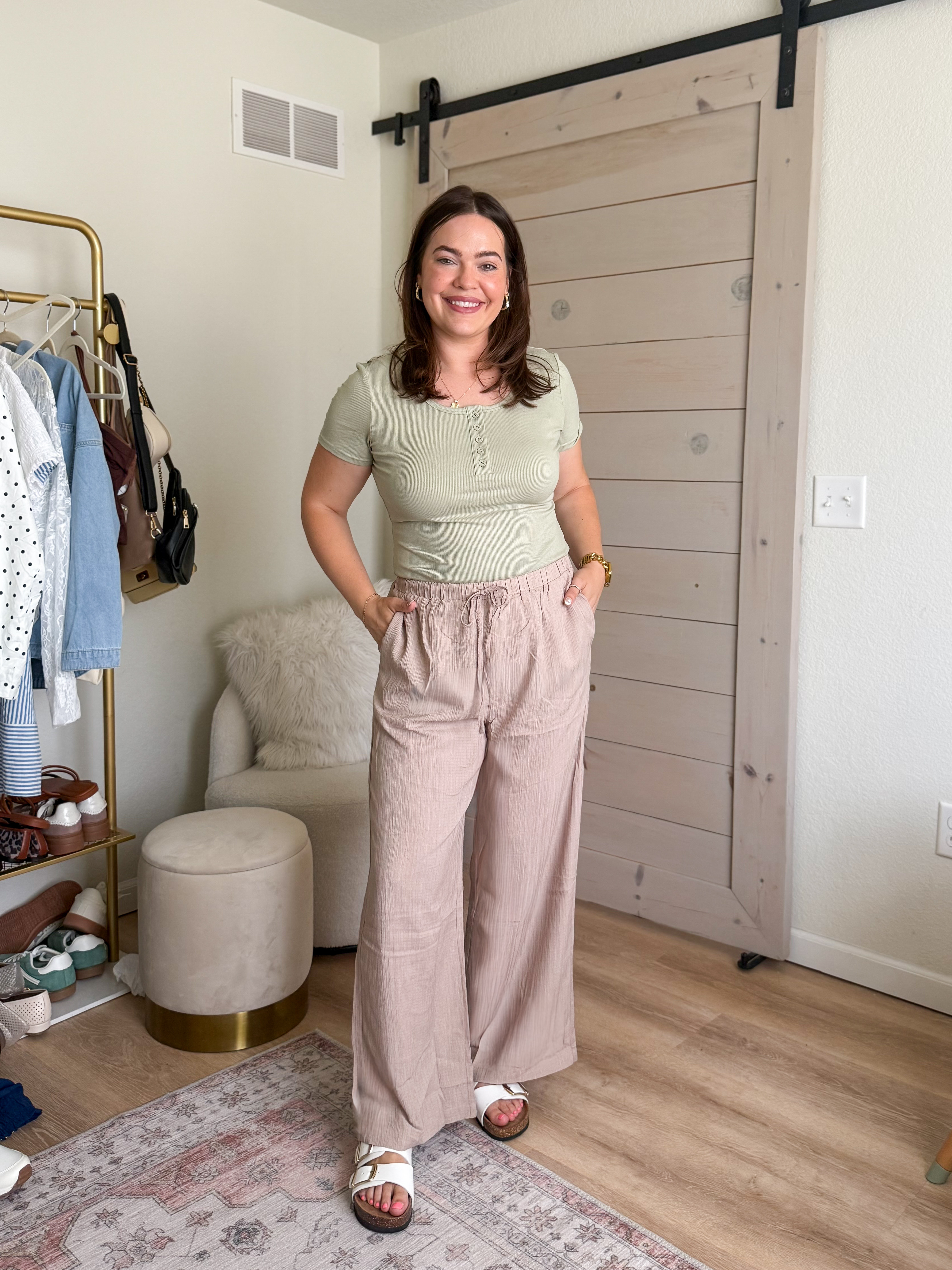 Enjoy the comfort of these wide-leg pants with a soft tee. Perfect for lounging at home. Wearing size large in all #staycation #momstyle
 

 #LTKootd #LTKSeasonal #LTKMidsize