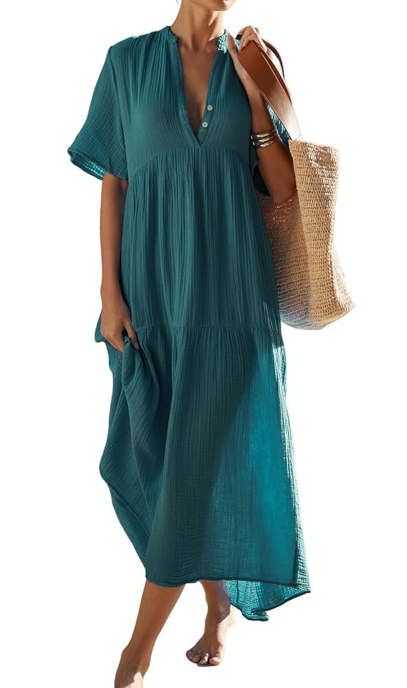R.Vivimos Womens Summer Cotton Flowy Maxi Dress Short Sleeve V Neck Empire Waist Boho Tiered Ruff... | Amazon (US)