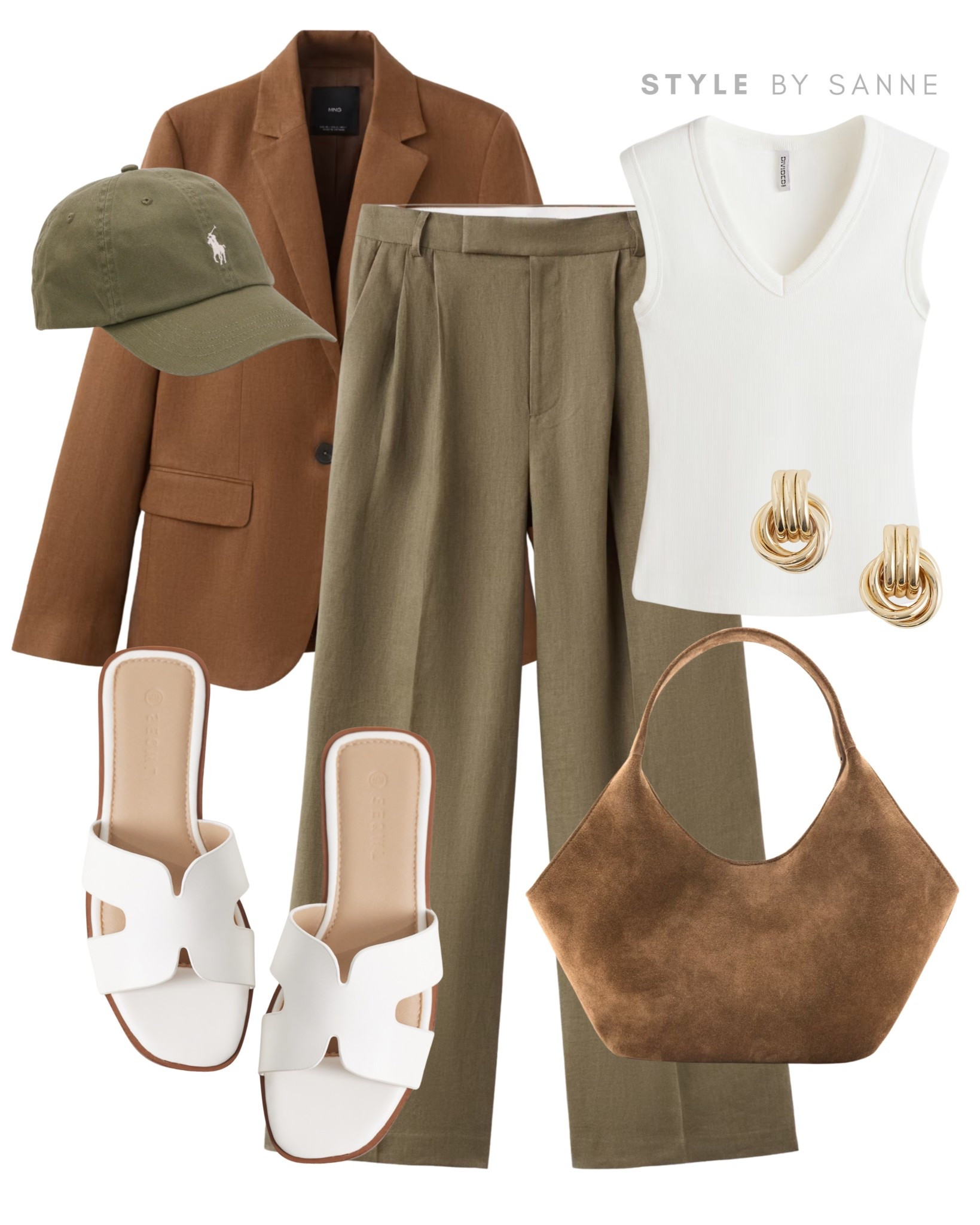 Earthy tones and soft neutrals create a relaxed yet polished outfit. The warm brown blazer paired with olive trousers feels timeless, while the white top, sandals and suede bag keep the look light and effortless.🫒🌼

#LTKspring #LTKstyletip #LTKworkwear