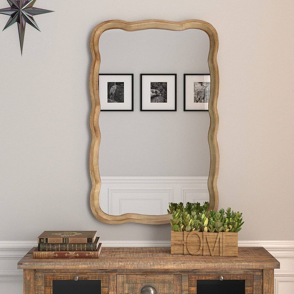 COZAYH Curved Wood Frame Accent Mirror, Farmhouse French Country Decorative Wall Mirror, Rectangl... | Amazon (US)