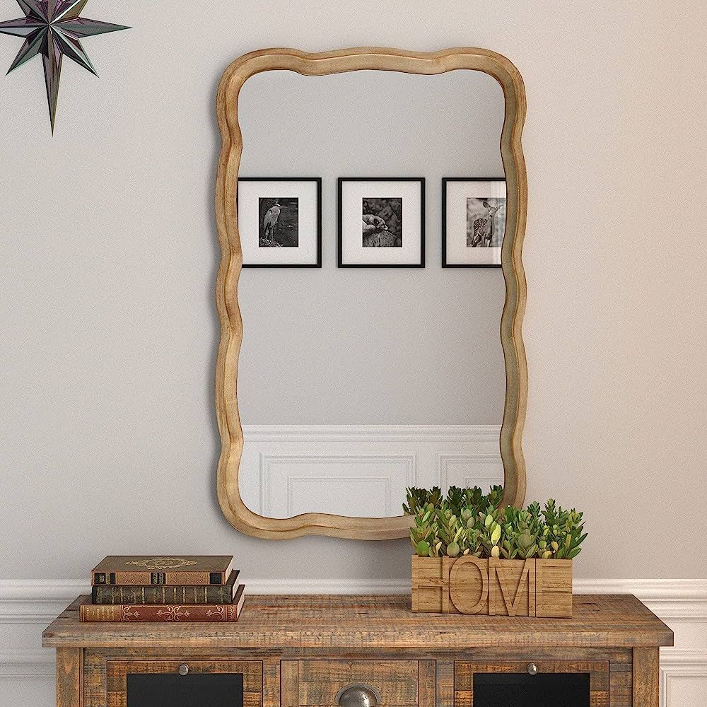 COZAYH Curved Wood Frame Accent Mirror, Farmhouse French Country Decorative Wall Mirror, Rectangl... | Amazon (US)