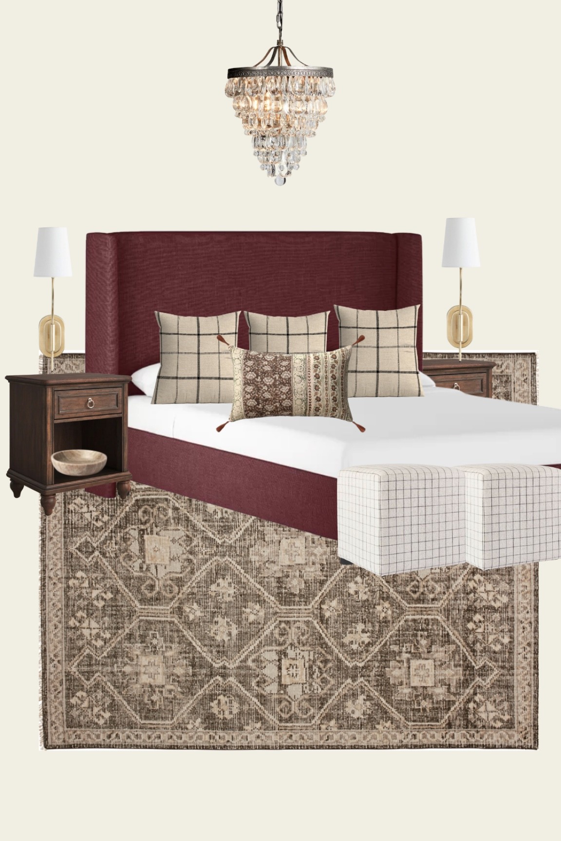 thinking of this burgundy bed 👀 bedroom decor I’m loving: neutral rug, wooden nightstand, plaid pillow, fall throw pillows, plug-in sconce, ottoman, chandelier pendant light fixture, marble bowl. 

#LTKunder100 #LTKsalealert #LTKhome