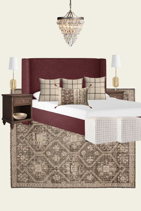 thinking of this burgundy bed 👀 bedroom decor I’m loving: neutral rug, wooden nightstand, plaid pillow, fall throw pillows, plug-in sconce, ottoman, chandelier pendant light fixture, marble bowl. 

#LTKunder100 #LTKsalealert #LTKhome