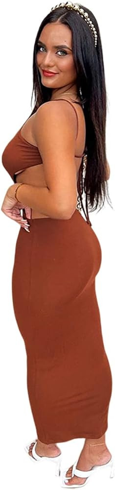 BYDIVA Elegant Women Ribbed Halter Crossed Neck Strap Lace up Backless Long Dress | Amazon (US)