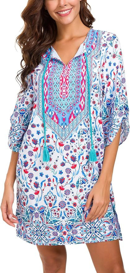 Women Bohemian Neck Tie Vintage Printed Ethnic Style Summer Shift Dress | Amazon (US)