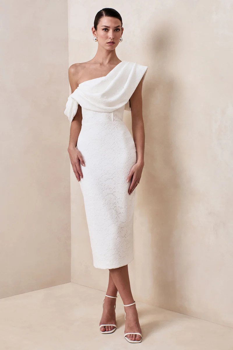 Farvera  White Draped Asymmetric-Neck Midi Dress | Club L London