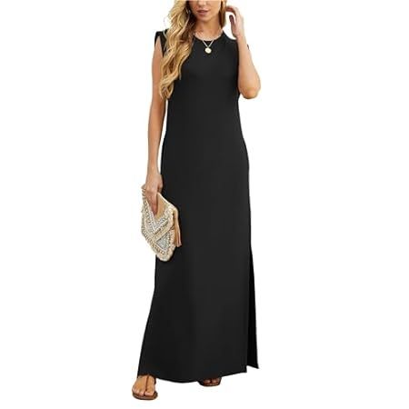 GRECERELLE 2024 Women Summer Crew Neck Casual Loose Split Wrinkle-Free Long Maxi Beach Dress with Pockets | Amazon (US)