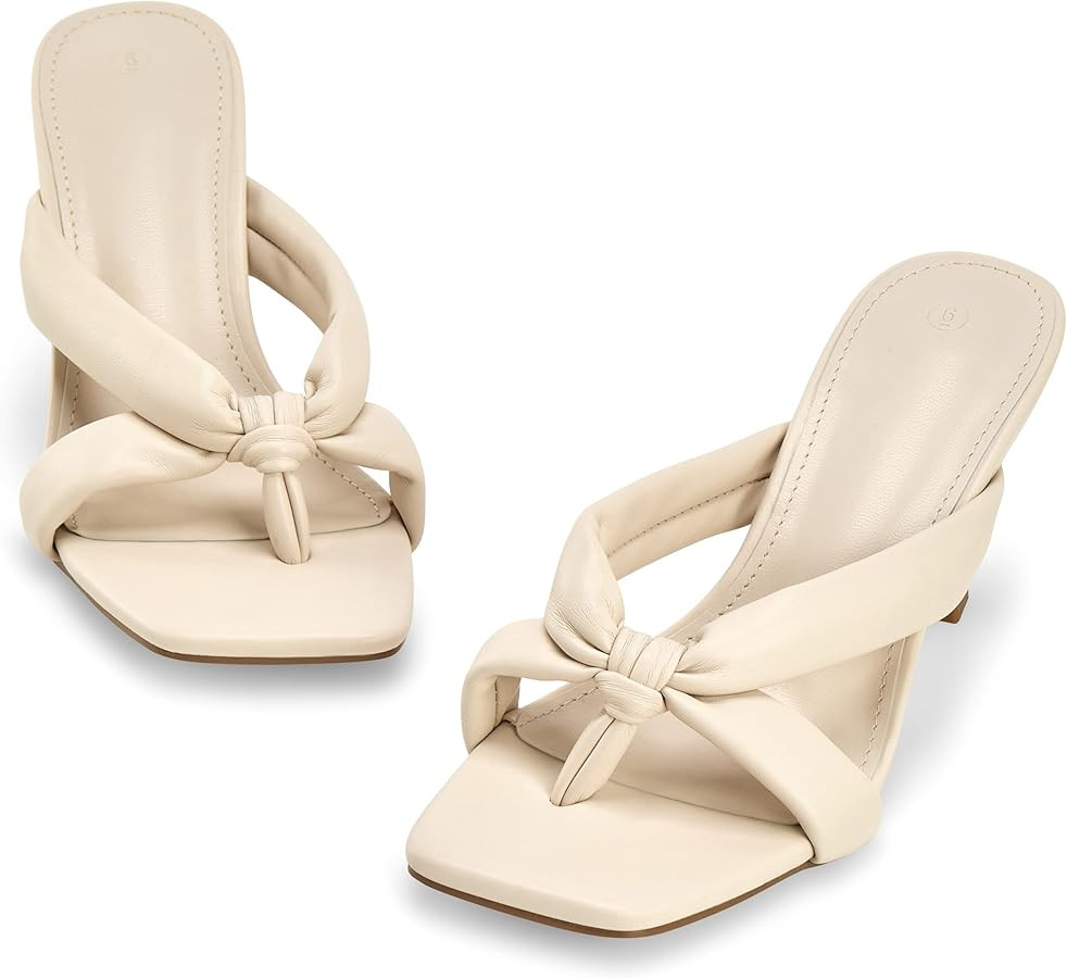 Coutgo Womens Thong Heels Mules Square Toe Heeled Flip Flops Mule Sexy Stiletto Dress Party Sanda... | Amazon (US)