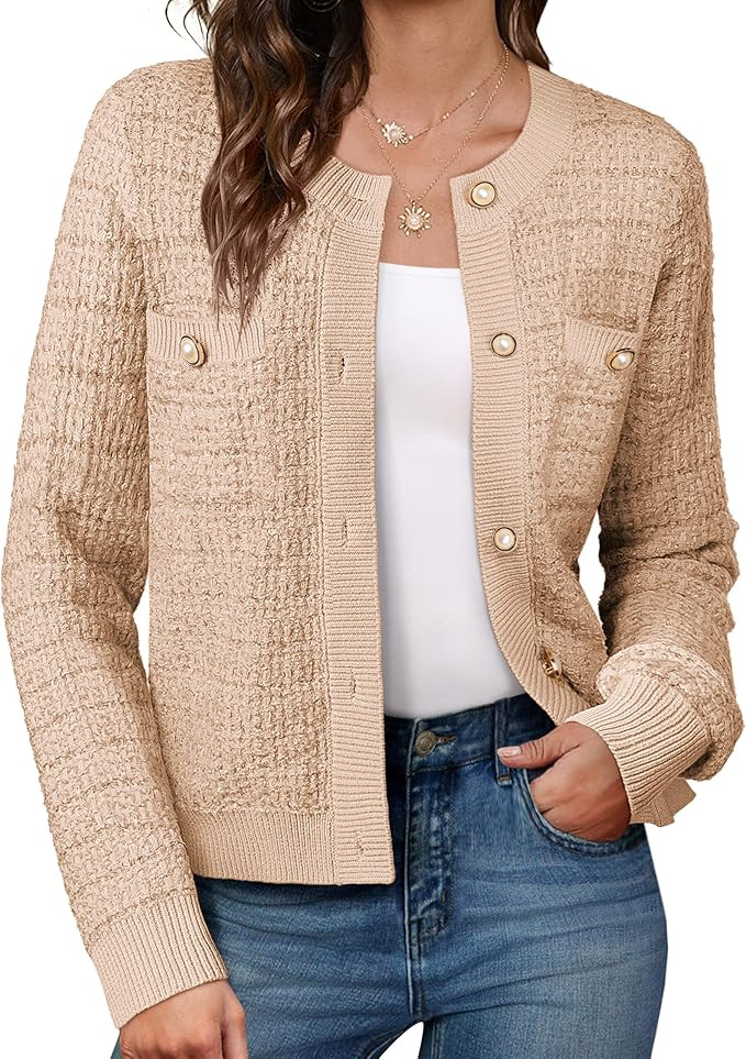 GRACE KARIN Womens Open Front Button Down Long Sleeve Texture Knit Cardigan Sweaters with Pockets | Amazon (US)