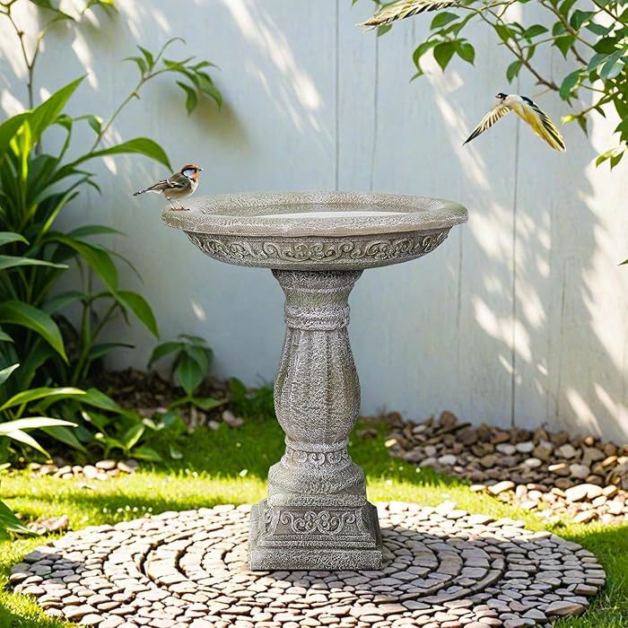 SunJet 23.8\u201d H x 20\u201d Dia Outdoor Birdbath with Exquisite Carvings Pedestal - Fibre Rein... | Amazon (US)