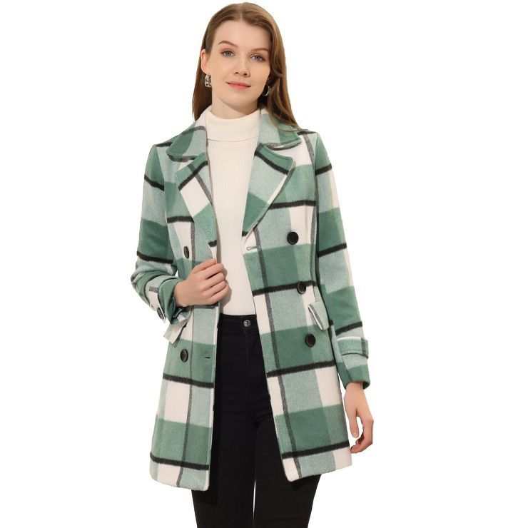Allegra K Women's Checks Double Breasted Notched Lapel Winter Long Plaids Trench Coat | Target