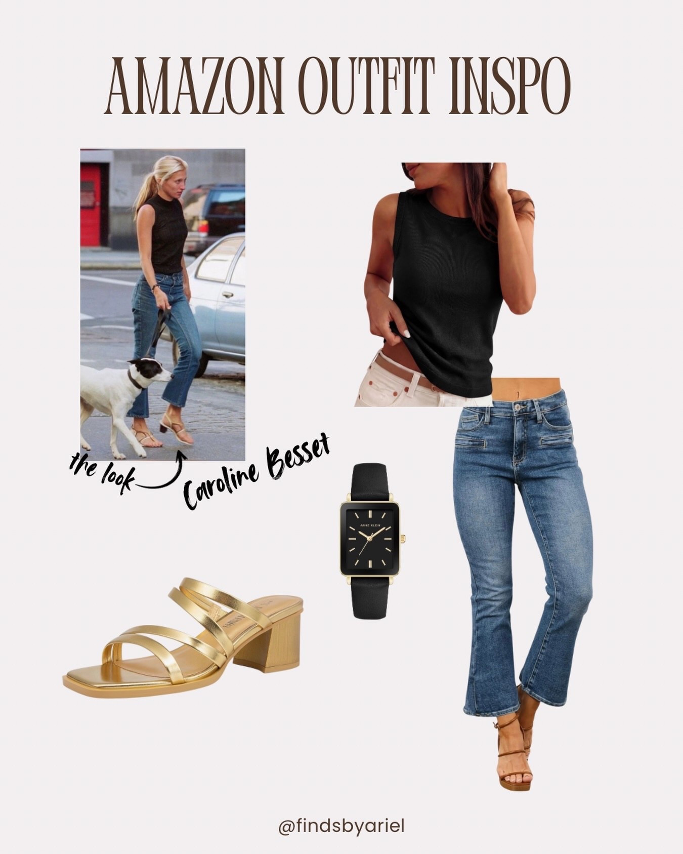 Amazon outfit inspired by Caroline Besset ✨

The look:
• Black ribbed sleeveless tank
• Cropped flare jeans
• Gold strappy block heel sandals
• Black square minimalist watch
• Under $100 total

Save this for your capsule wardrobe.

#LTKMidsize #LTKootd #LTKSpringSale