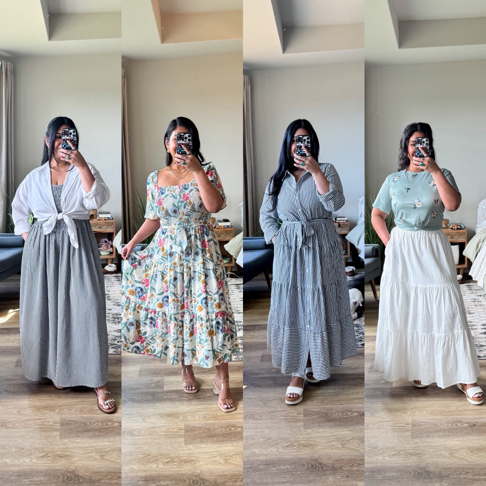 I love these outfits for Mother’s Day coming up! Wearing a large in all except the white skirt, which I sized up in to an XL. The teal floral top runs big, so I tied it with a hair tie in the back and tucked it under. 

#LTKOver40 #LTKMidsize #LTKPetite