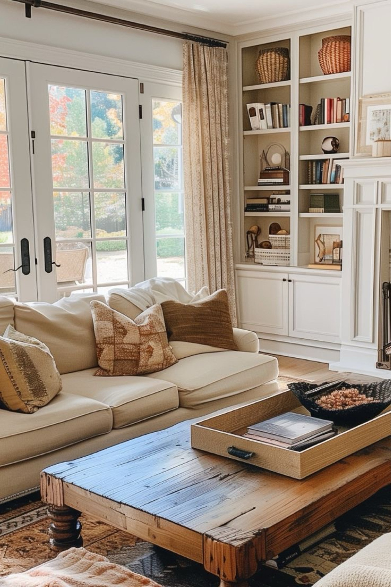 Living room on a Fall day, decorated with Autumn colors. White sofa, wood coffee table. Cozy pillows, bookshelf decor. Follow for more Fall decor ideas! 

#LTKHome #LTKFindsUnder100 #LTKSeasonal
