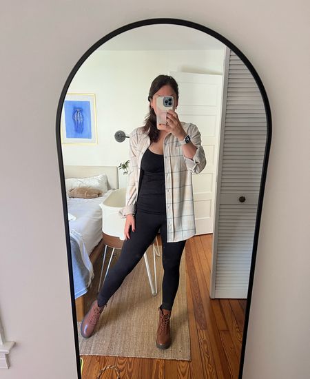 Casual Sunday ootd that’s also nursing friendly: oversized fleece shacket from Quince (seriously softest ever—this is a L bc I sized up twice…probably could have gotten away with a medium), favorite nursing cami, Aligns, brown combat boots 🥾 
