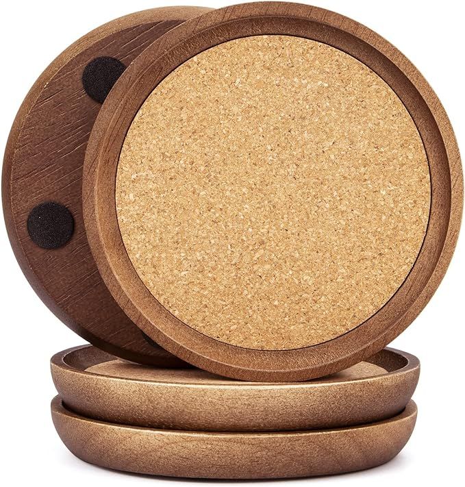 Wooden Drink Coasters,4.7 in Coasters for Drinks Absorbent Cork Coasters Set,Natural Wood Stackab... | Amazon (US)
