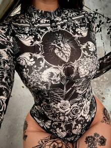 Whyspr Grunge Punk Cottage Plus Size Crew Neck Long Sleeve Mesh Printed Elegant Retro Punk Goth C... | SHEIN