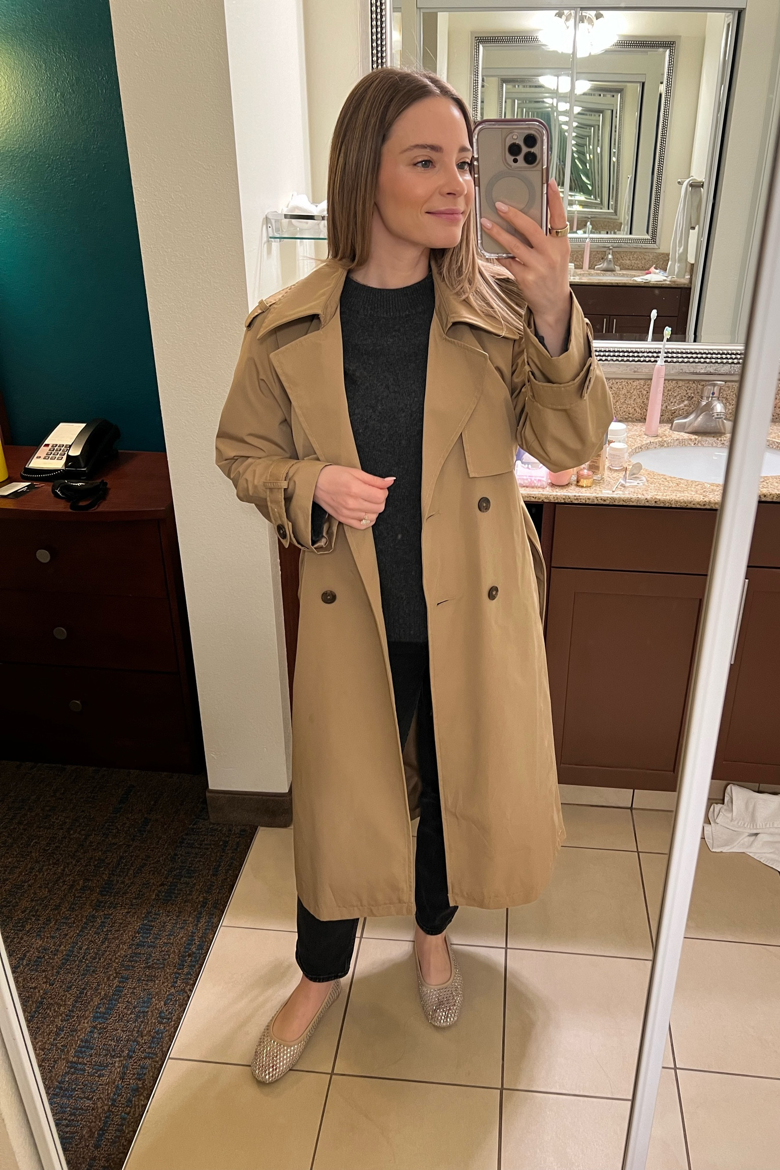 XS in trench, 25 regular in curve love jeans, XS in cashmere sweater, sized down 1/2 in flats

#LTKTravel #LTKWorkwear #LTKShoeCrush