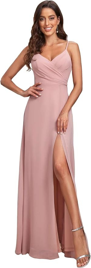 Ever-Pretty Women's Summer Sexy Backless Spaghetti Straps V-Neck Slit Floor Length Chiffon Brides... | Amazon (US)