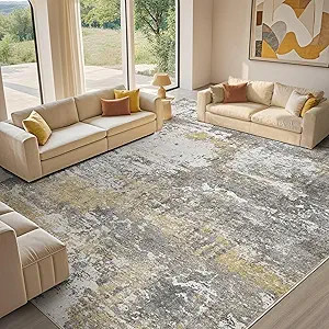 Area Rug Living Room - 9X12 Abstract Washable Large Soft Foldable Non Slip Rug Neutral Modern Low... | Amazon (US)
