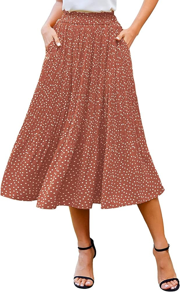 Zeagoo Women's Midi Skirts Elastic High Waist Skirt Polka Dot Casual Pleated Skirt with Pockets | Amazon (US)