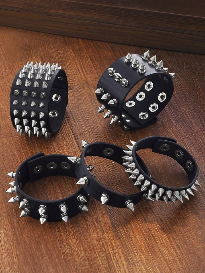 1pc Fashion Street Hip Hop Rock Punk PU Leather Single/Multiple Row Spiked Bracelet, Suitable For... | SHEIN