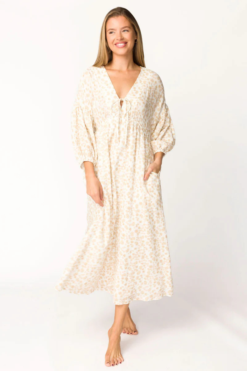 Hunter 100% Cotton Gauze Midi Dress in Natural/Fawn Floral - Bump Frie | Worth Collective